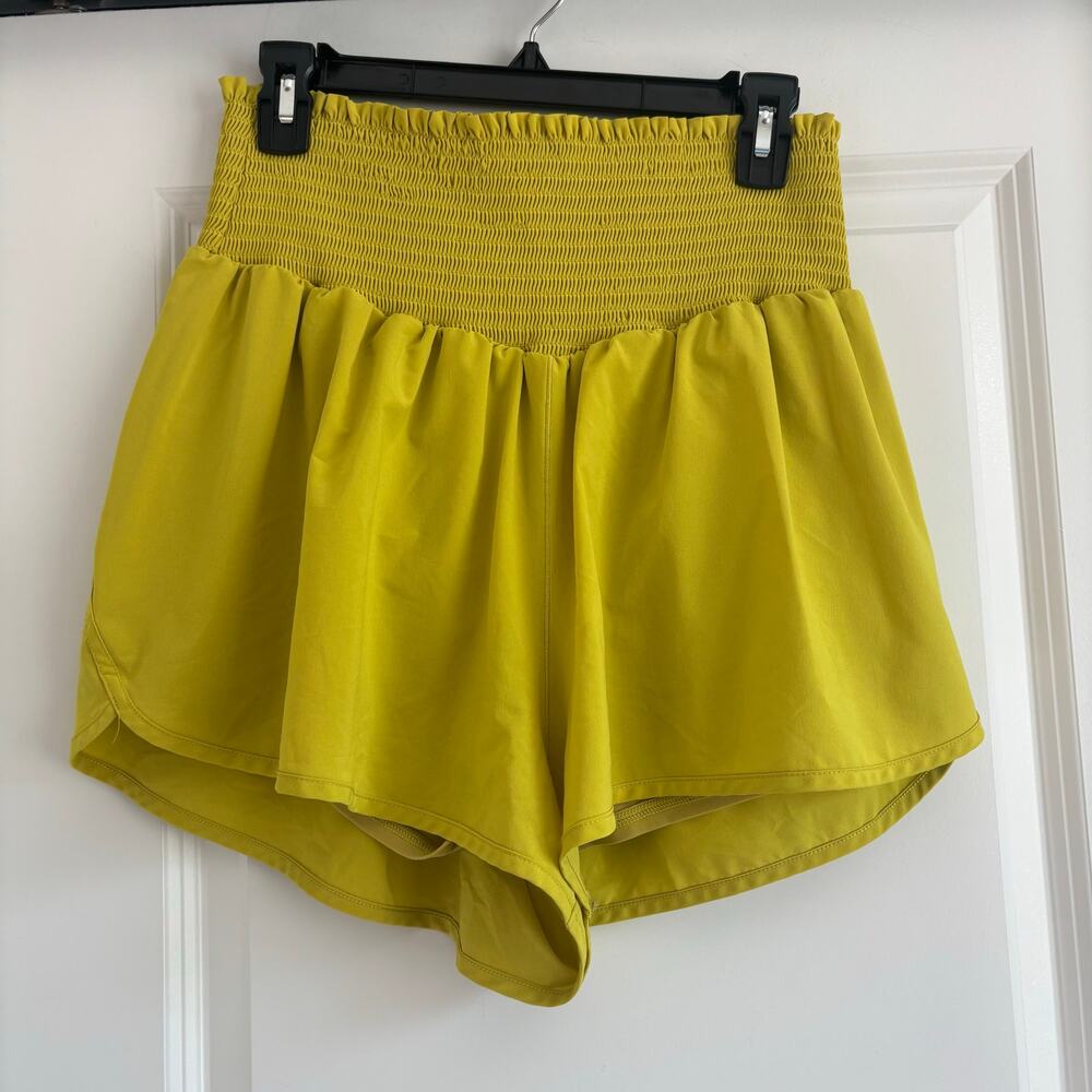 aerie Smocked High-Waist Athletic Shorts in Lemon Yellow